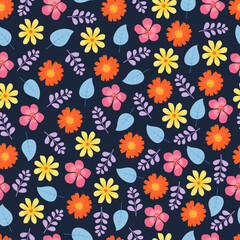 Modern fashionable vector seamless floral ditsy pattern design of abstract flowers and leaves. Elegant repeat texture with blue background for textile