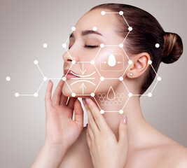 Infographic shows cleansing effect on beautiful female face.