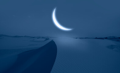 Crescent moon over Sahara desert at night