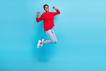 Fototapeta na wymiar Full size photo of hooray young short hairdo lady jump index herself wear pullover jeans footwear isolated on blue background