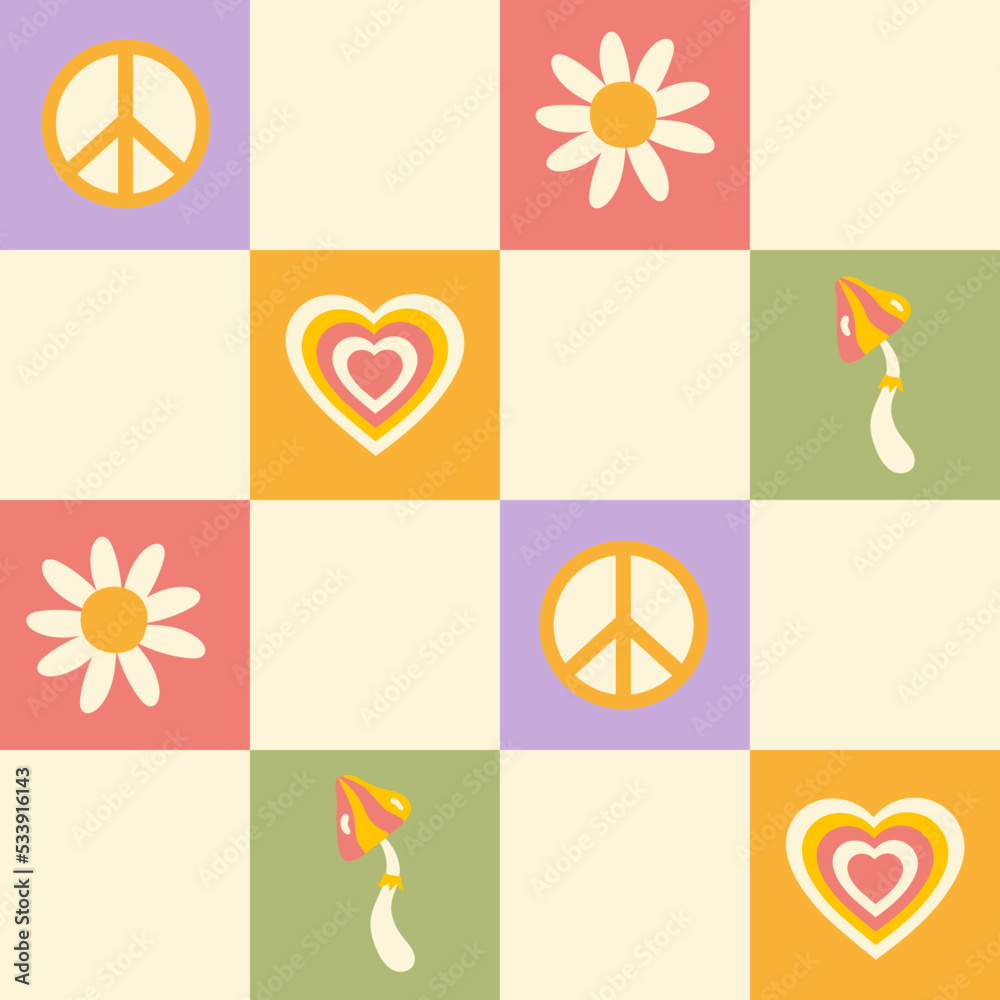 Poster retro groovy seamless pattern with checkerboard and cute hippie elements. pastel colors. trendy vect