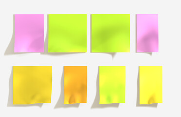 Stickers of different shapes mockup glued to white wall. Color tags, sticky notes for memo, blank paper square and rectangle reminder lists, empty office blanks isolated on background