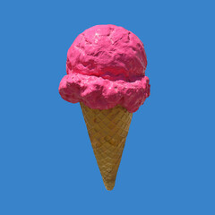Isolated plastic model of a giant pink scoop of ice cream sorbet in a cone on a blue background