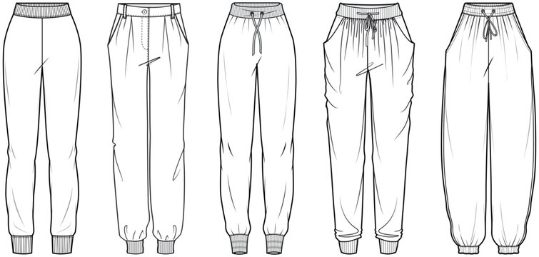 Flat Sketch Set Of Womens Jogger Pants Vector Illustration