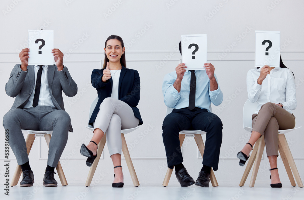 Poster Recruitment, question mark and thumbs up business woman with smile in hiring, interview or feedback review in workplace. Question, ok and yes from employee for thank you, welcome and success teamwork