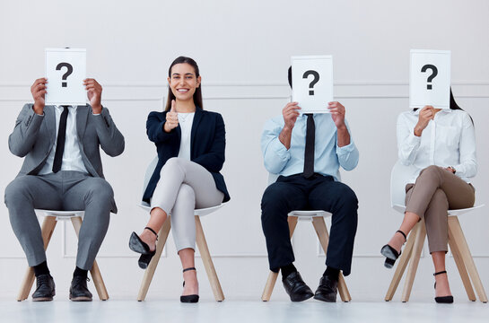 Recruitment, question mark and thumbs up business woman with smile in hiring, interview or feedback review in workplace. Question, ok and yes from employee for thank you, welcome and success teamwork