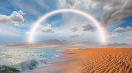 Namib desert with Atlantic ocean meets near Skeleton coast with rainbow - Namibia, South Africa - obrazy, fototapety, plakaty