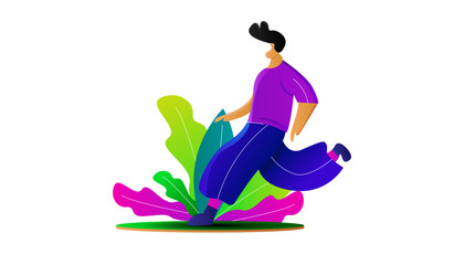 Flat illustration of people running leisurely colorful gradient,cartoon illustration with leaves