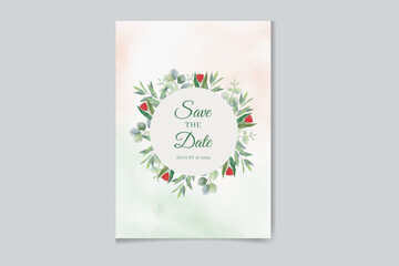 Watercolor vector wreath wedding invitation card with green eucalyptus leaves and flowers .