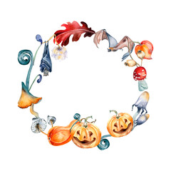 Halloween wreath with colorful pumpkins watercolor illustration isolated on white.