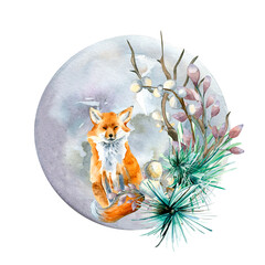 Composition of winter plants and fox watercolor illustration isolated on white.