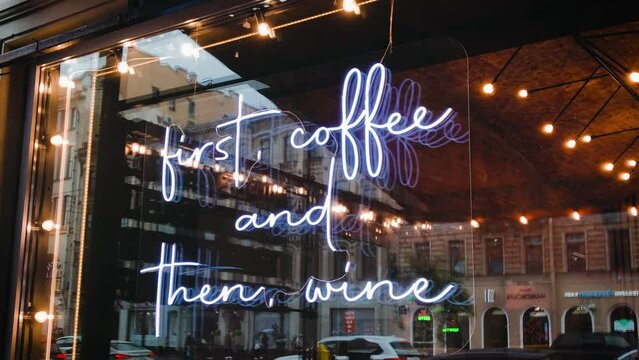 sign first coffee and wine restaurant window marketing. High quality 4k footage. city business food drinks
