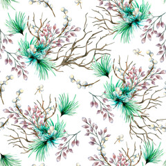 Christmas seamless pattern of winter plants, branch, needles watercolor isolated on white.