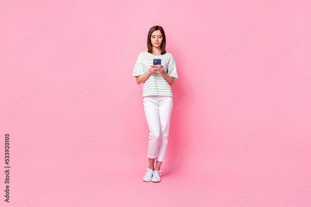 Sticker full length photo of good looking lady trendy clothes use telephone remote distance work isolated on