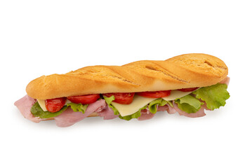 Mini baguette with tomato, salad, cheese and ham , club sandwich isolated on white, clipping path