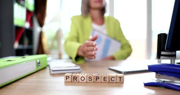 Word prospect is written on background of woman holding out hand for handshake closeup 4k movie slow motion 