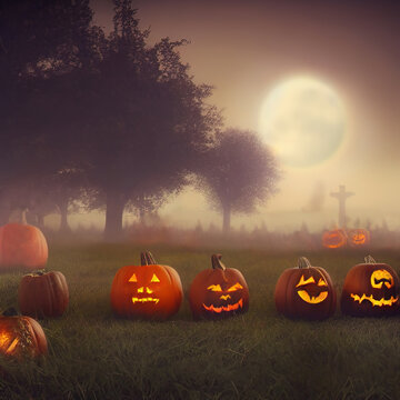 Scary Halloween jack-o-lantern pumpkins against the full Moon