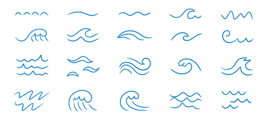 Wave sea line doodle icon set. Hand drawn sketch water wave outline. Simple curve, scribble aqua flow. Isolated vector illustration.