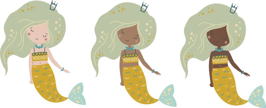 Cute mermaid girl, vector illustration for design, print, pattern, isolated on white background