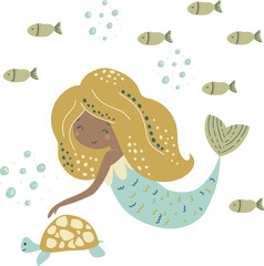 Little mermaid girl, fish and turtle vector illustration for design, print, pattern, 