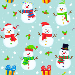 Christmas seamless pattern with snowmen and holly. Colorful winter backdrop with stars and snow. Vector New year cartoon background.