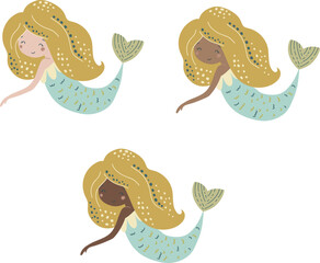 Cute mermaid girl, vector illustration for design, print, pattern, isolated on white background