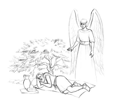 An angel appeared to the prophet Elijah. Pencil drawing