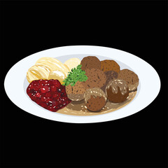 Swedish meatballs with boiled potatoes, brown cream sauce,  lingonberry jam, parsley. Hand drawn vector illustration  isolated on black background.