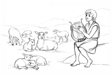 Fototapeta na wymiar Shepherd with a sheeps on the field