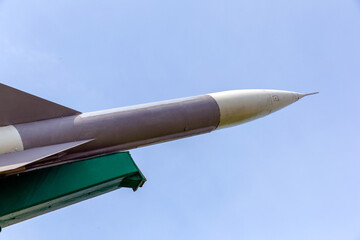 Defense forces weapon. Antiaircraft missles rocket with warhead aimed to the sky