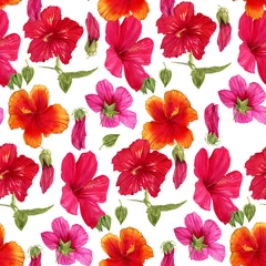 Fototapete Tropische Pflanzen Seamless pattern of hand-drawn watercolor illustrations of Hawaiian hibiscus flowers. Bright tropical flowers on a white background.