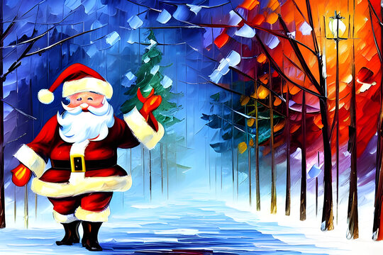 santa claus with a christmas tree painted in bright colors with oil paint - illustration