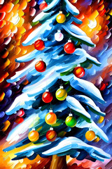 christmas tree with ligths and decorations in a park painted in bright colors with oil paint - illustration