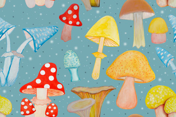 Seamless pattern with different watercolor mushrooms on a blue background.
