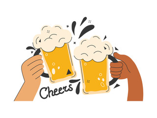 Two friends toast with with beer mugs. People celebrating Oktoberfest festival. Have a beer with your friends. Design for banner, poster, greeting cards, party invitations. Cheers lettering phrase