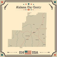 Large and accurate map of Clay county, Alabama, USA with vintage colors.
