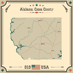 Large and accurate map of Coosa county, Alabama, USA with vintage colors.