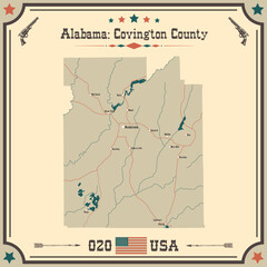 Large and accurate map of Covington county, Alabama, USA with vintage colors.