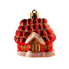 The red house is an isolated toy For the Christmas Tree. Christmas decorative ball (house) isolated on a transparent background