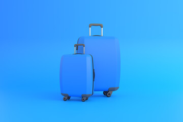 Travel suitcase on a blue background with copy space. Front view. 3d rendering illustration
