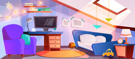 Cartoon attic interior of teenager boy cozy bedroom with workspace for study with computer monitor, desk, lamp and bookshelves. Mansard children room with roof window, bed, armchair and toys.