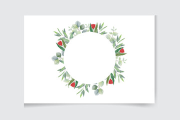 Watercolor vector wreath wedding invitation card with green eucalyptus leaves and flowers .
