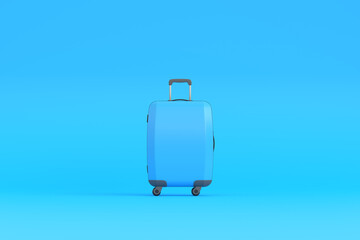 Travel suitcase on a blue background with copy space. Front view. 3d rendering illustration
