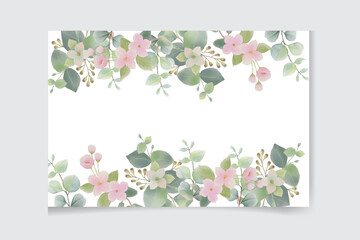 Watercolor vector card template design with eucalyptus leaves and flowers background.