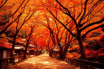 Japanese village in autumn, yellow, red and orange, digital art