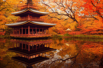 Fototapeta premium Pagoda in pond in an autumn forest, digital art