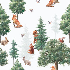 Woodland seamless pattern. Animals and trees wallpaper design hand painted with watercolor