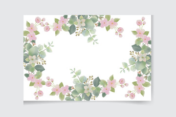 Fototapeta na wymiar Watercolor vector card template design with eucalyptus leaves and flowers background.