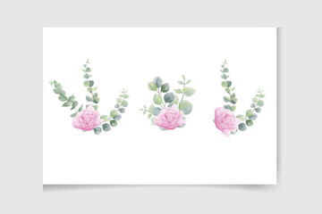 Watercolor vector wreath with green eucalyptus leaves, peony flowers and branches.