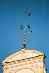 Fototapeta na wymiar Ravens on the cross of the dome of the church - religious symbols - demonization